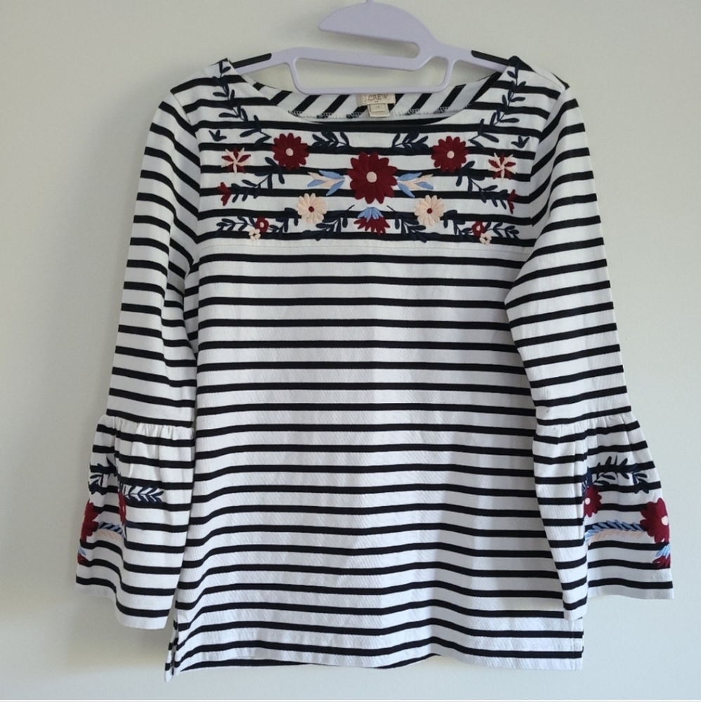 J.Crew Floral Embroidered Stripe Boat Neck Bell Sleeve‎ Boho Top XS